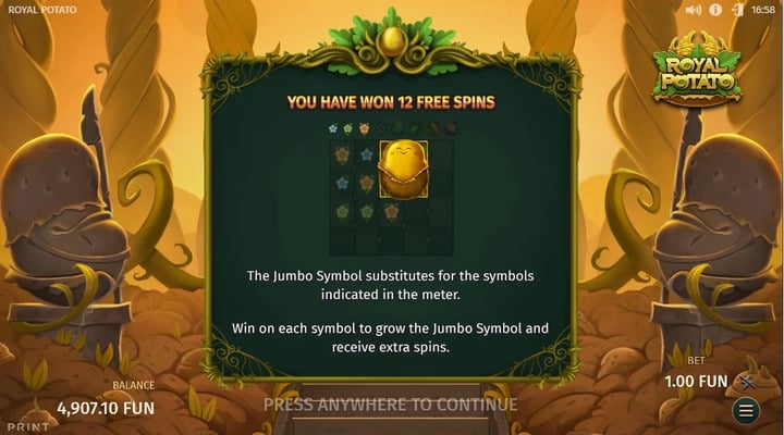 Pantalla de inicio de giros gratis en el juego Royal Potato de Relax